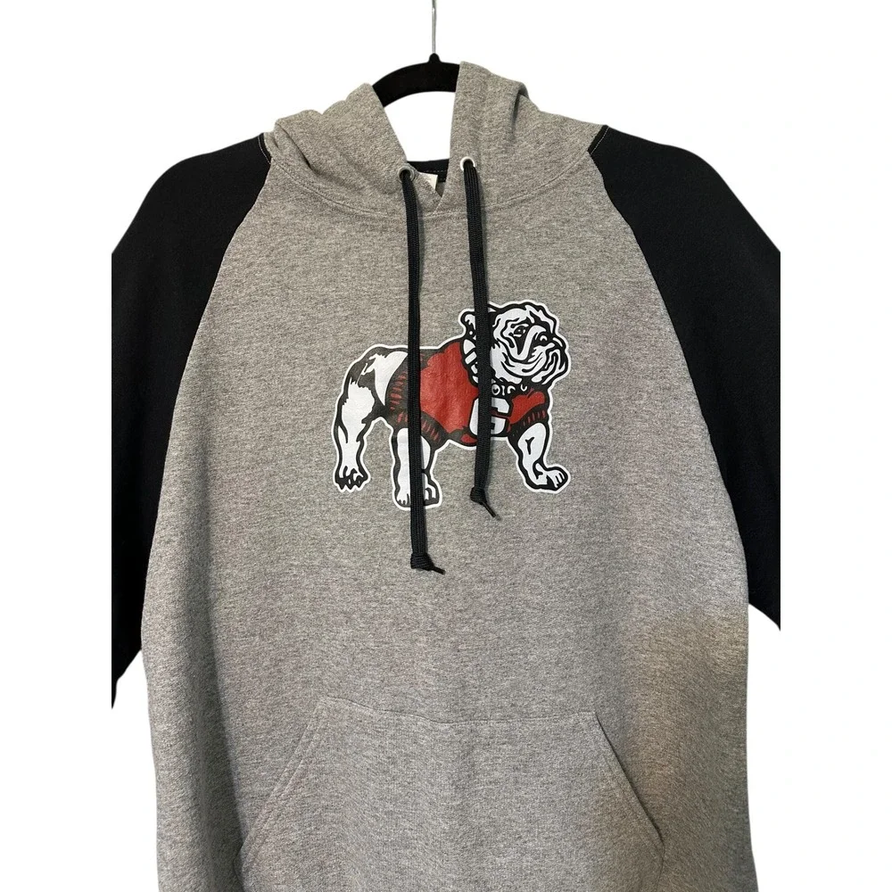 Mens Gray Black Bulldog Graphic Raglan Hoodie Sweatshirt‎ Size L